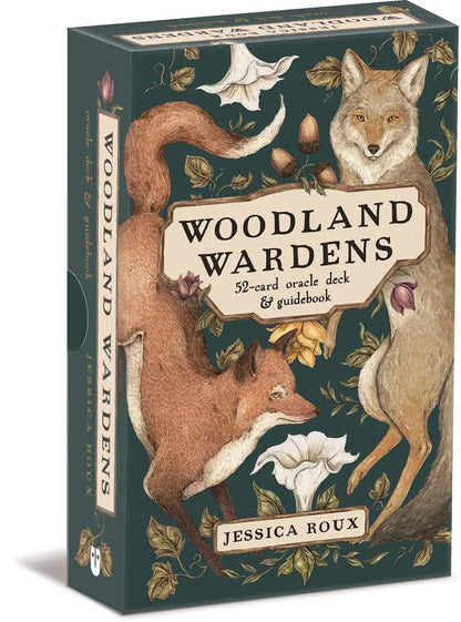 Illustration of the box for woodland wardens oracle deck created by Jessica Roux. Featuring Fauna and two foxes 