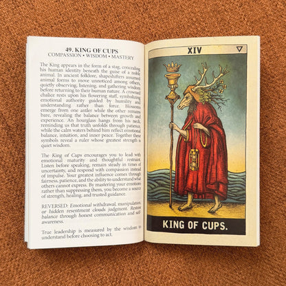 A printed card or booklet page laid on a brown textured surface, showing a page with the heading '49. KING OF CUPS' and text on the left, plus an illustrated cup illustration on the right with the title 'KING OF CUPS.